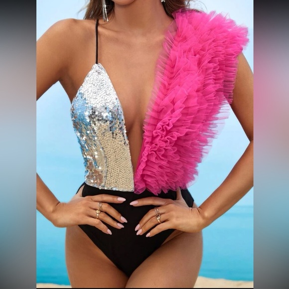 Pink tulle silver sequin high waist black bodysuit Plunge Neck concert festival - Picture 4 of 6